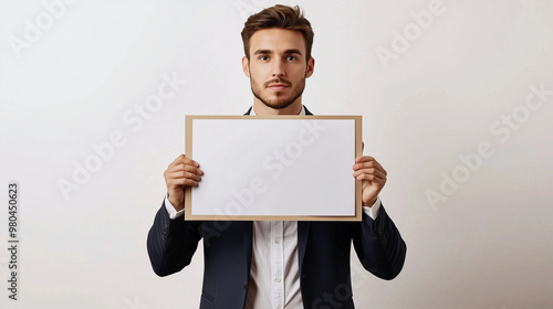 A businessman in a suit holding up a whiteboard, isolated on a simple white background photo