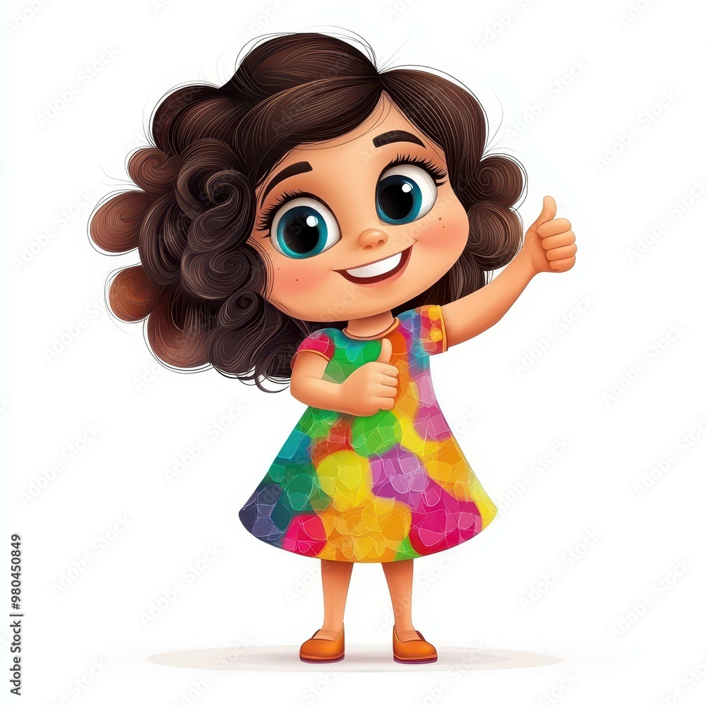 A whimsical vector caricature of a joyful toddler giving a thumbs up in a colorful, poofy dress against a white backdrop. A whimsical vector caricature of a joyful toddler giving a thumbs up in a colorful, poofy dress against a white backdrop.