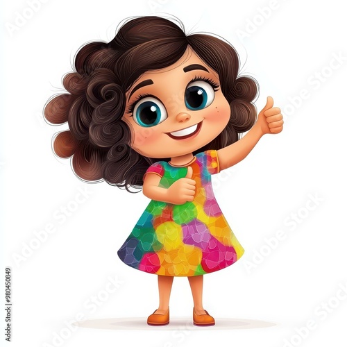 A whimsical vector caricature of a joyful toddler giving a thumbs up in a colorful, poofy dress against a white backdrop. photo