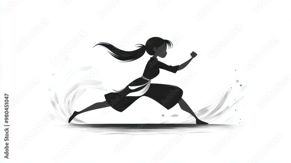 A striking martial arts scene featuring a girl in an epic jump, showcasing her skills with a perfect kick and fist gesture. A striking martial arts scene featuring a girl in an epic jump, showcasing her skills with a perfect kick and fist gesture.