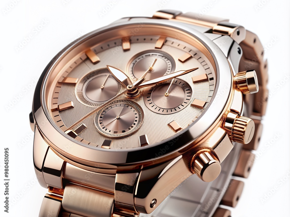 Fototapeta premium Elegant rose gold chronograph watch features a brushed metal finish, sleek matching bracelet, and stunning details, exuding sophistication and timeless functionality in modern luxury.