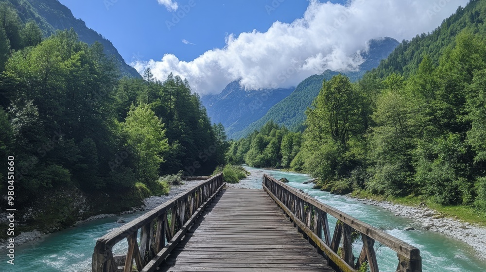 A photo of an empty wooden bridge, in front of turquoise water flowing through green mountains, surrounded by trees, with clouds above A photo of an empty wooden bridge, in front of turquoise water flowing through green mountains, surrounded by trees, with clouds above