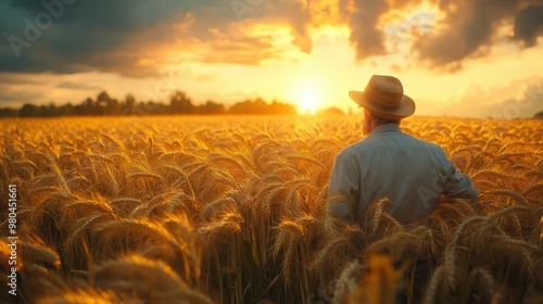 Farmer Standing in a Field of Wheat at Sunset