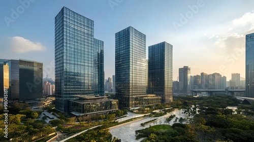 Modern Skyscrapers with a View of Lush Green Park