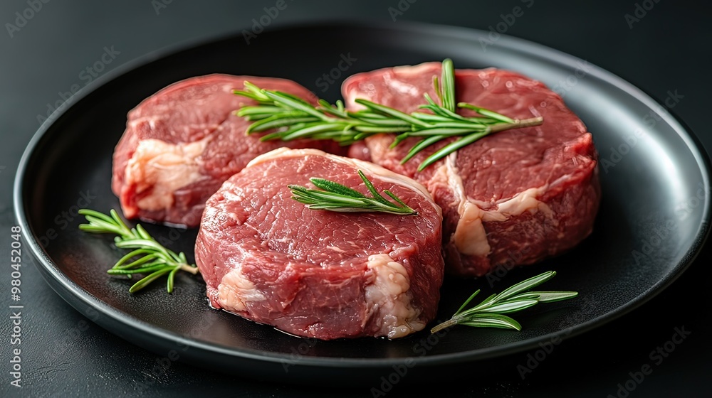 Three Raw Beef Steaks with Rosemary on a Black Plate Three Raw Beef Steaks with Rosemary on a Black Plate