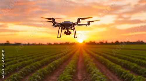 Drone flying over a field. Modern agriculture