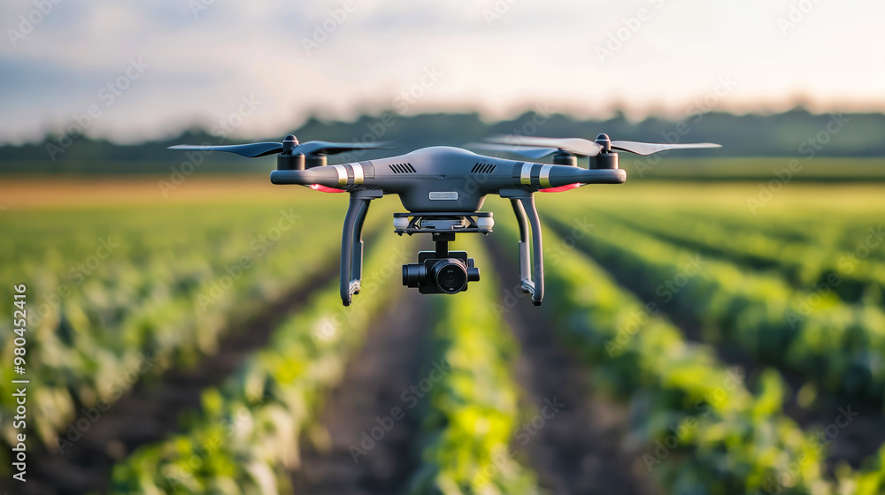Drone flying over a field. Modern agriculture Drone flying over a field. Modern agriculture