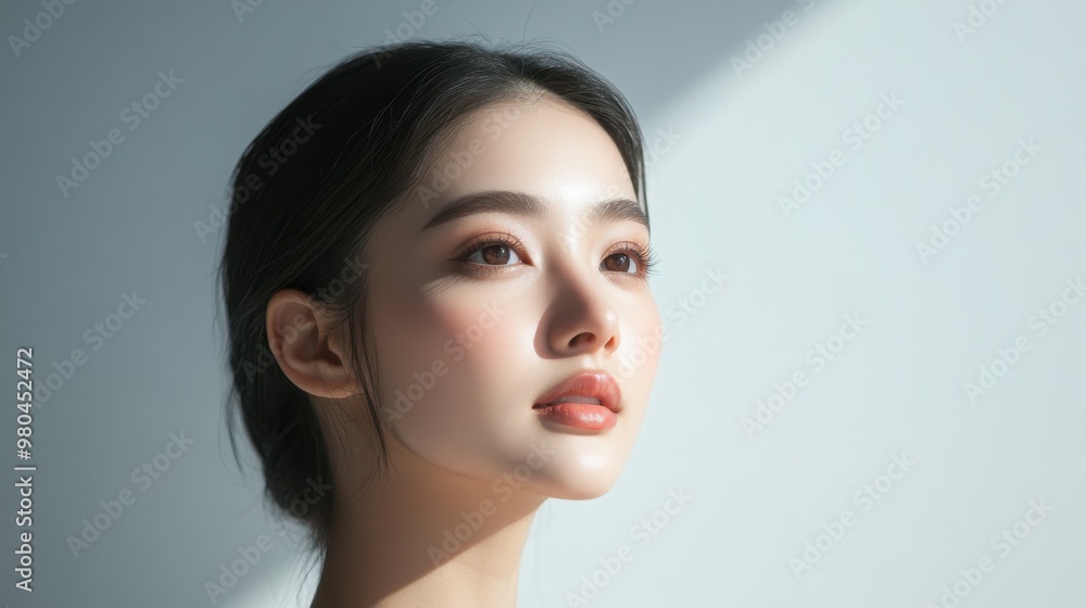 Young Asian woman with Contour and Highlight makeup sample,Young beautiful womman applying makeup using a brush,Professional Contouring face make-up over,Make up woman face. Young Asian woman with Contour and Highlight makeup sample,Young beautiful womman applying makeup using a brush,Professional Contouring face make-up over,Make up woman face.