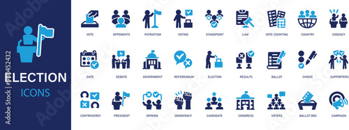 Election flat icons set. Voting, political, vote, democracy, online voting, debate, candidate rating, vote count icons and more signs. Flat icon collection.
