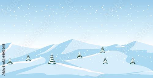 A serene winter landscape featuring snow-covered hills, scattered pine trees, and gently falling snowflakes under a clear sky.