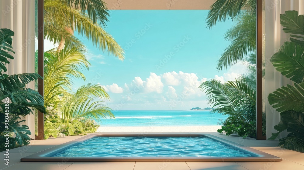 Fototapeta premium Open-air spa with a stunning view of a tropical beach framed by palm trees and soft, calming waters.