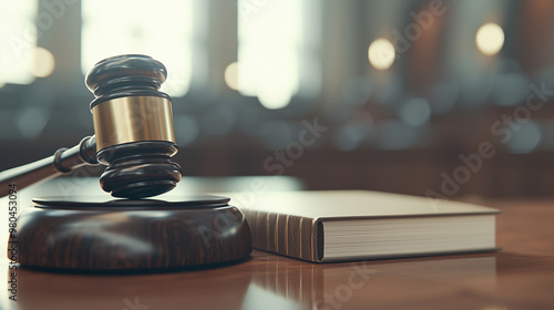 Wallpaper Mural gavel is prominently placed on a well-worn bankruptcy law book, set on a polished wooden desk. In the background, a blurred courtroom scene can be faintly seen, with the gavel and Torontodigital.ca