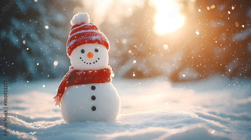 Fototapeta premium Merry christmas and happy new year greeting card with copy-space.Happy snowman standing in christmas landscape.Snow background.Winter fairytale
