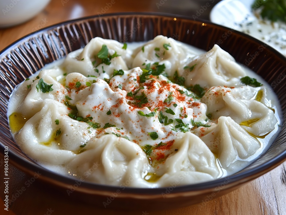 A Manti. The most popular Turkish dishes. Small dumplings filled with minced meat, served with yogurt, garlic, and a sauce made from melted butter and paprika. A Manti. The most popular Turkish dishes. Small dumplings filled with minced meat, served with yogurt, garlic, and a sauce made from melted butter and paprika.