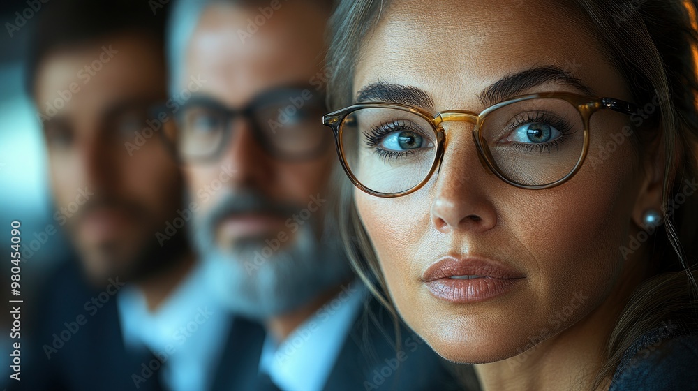 Confident Businesswoman Looking at the Camera with Men in the Background Confident Businesswoman Looking at the Camera with Men in the Background