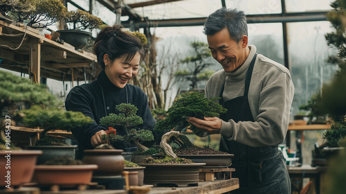 Asian men and women joyfully shaping bonsai trees in a spacious greenhouse or studio. The background can include tools, pots, and shelves filled with bonsai plants, showcasing thei photo