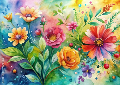 Vibrant spring flowers and leaves bloom in delicate watercolor ink strokes on a soft, abstract background, bursting with bright colors and whimsical texture.