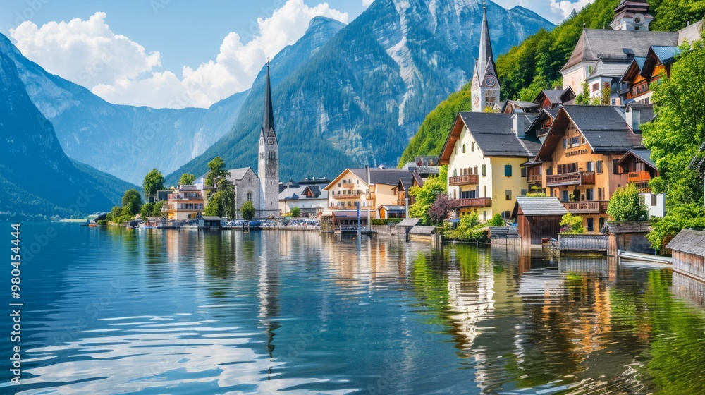 Fototapeta premium Panoramic view of austria small town. Copy space.