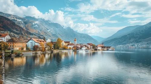 Panoramic view of austria small town. Copy space.