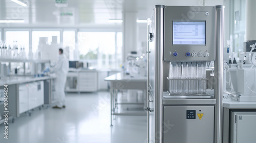 advanced bioprocessing system in a clean laboratory setting. The scene should include high-tech bioprocessing equipment, such as stainless-steel bioreactors and automated sample ha