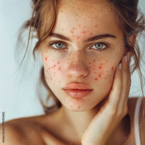 Pimple on face of young woman, facial skin problem. Allergic redness, spot with inflammation, dermatitis on cheek. Squeeze out pimples, acne. Medical care, treatment concept. Girl on white background