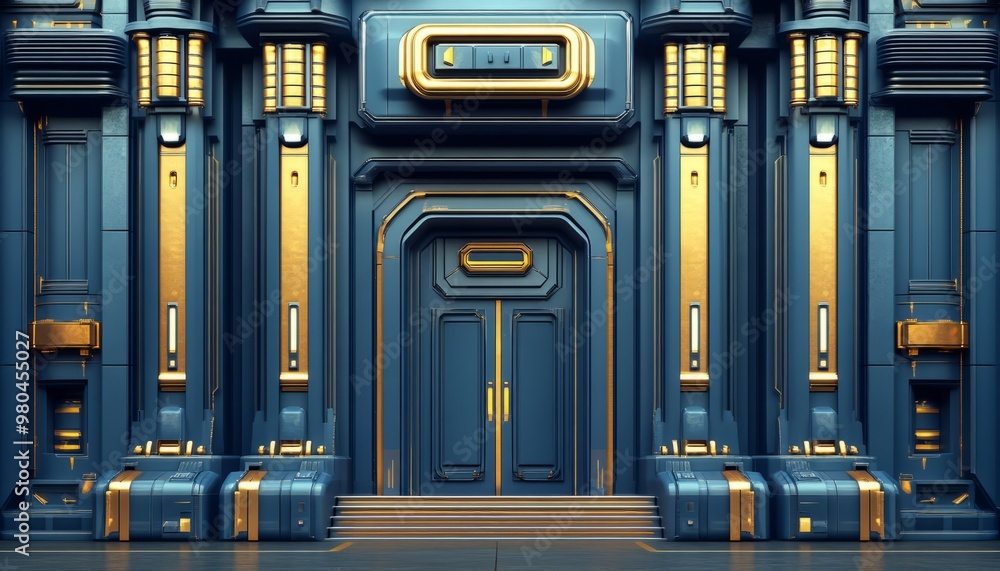 A Futuristic Entrance with a Blue and Gold Doorway A Futuristic Entrance with a Blue and Gold Doorway