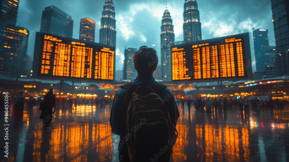 Fototapeta premium Man Looking at Airport Departure Board in Kuala Lumpur