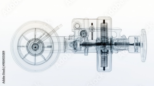 X-ray view of a mechanical engine showcasing intricate details and components, ideal for engineering and design reference.