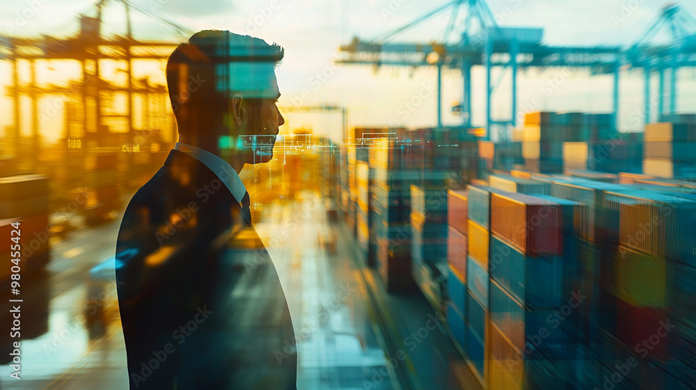 Double exposure Businessman employs machine learning algorithms to predict potential disruptions in the supply chain. Double exposure Businessman employs machine learning algorithms to predict potential disruptions in the supply chain.