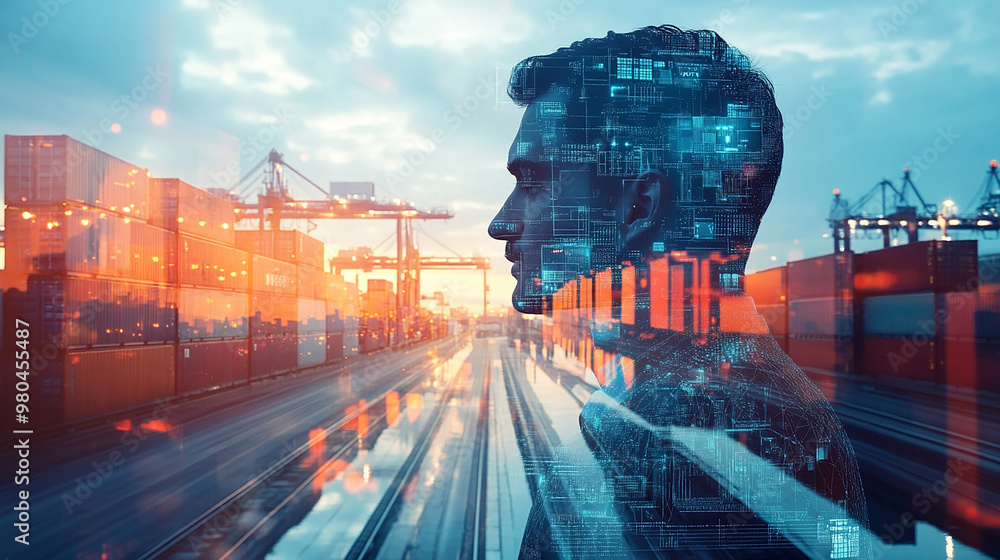 custom made wallpaper toronto digitalDouble exposure Businessman engages in digital freight matching to reduce empty cargo space and optimize load capacity.