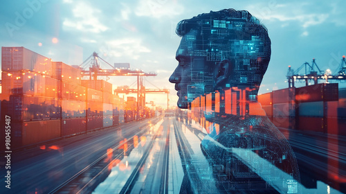 Wallpaper Mural Double exposure Businessman engages in digital freight matching to reduce empty cargo space and optimize load capacity. Torontodigital.ca