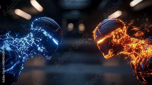 Futuristic robots clash in a dramatic scene of fire and ice.