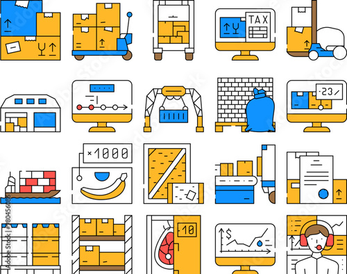 Wholesale Service Collection Icons Set Vector. Sea Transportation And Carrying In Truck, Carton And Wooden Box, Broker Wholesale And Logistics Support color Contour Illustrations