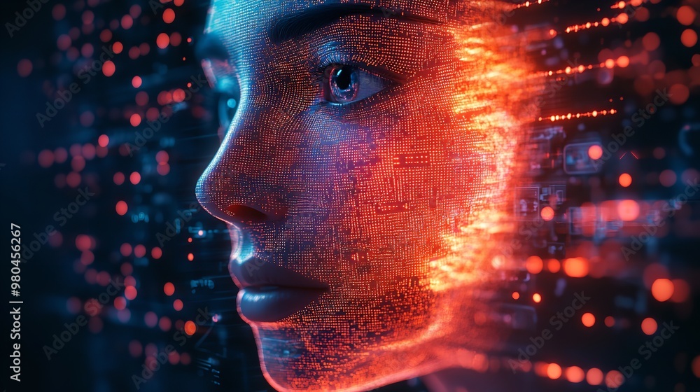 An abstract digital woman face with glowing lines and a bokeh background reflects the fusion of technology and beauty. An abstract digital woman face with glowing lines and a bokeh background reflects the fusion of technology and beauty.