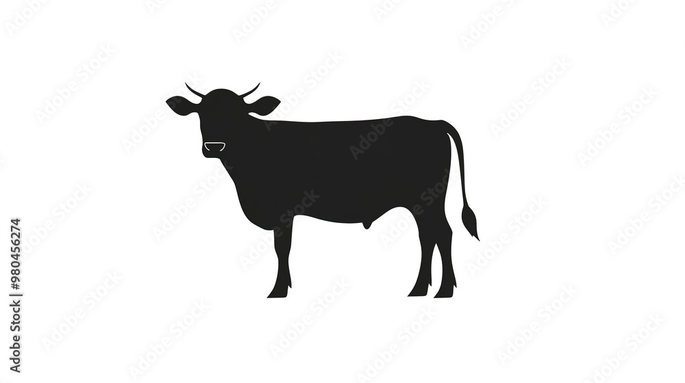 A detailed cow silhouette icon in black, set on a crisp white background, perfect for agricultural branding, dairy product packaging, and minimalist graphic designs A detailed cow silhouette icon in black, set on a crisp white background, perfect for agricultural branding, dairy product packaging, and minimalist graphic designs