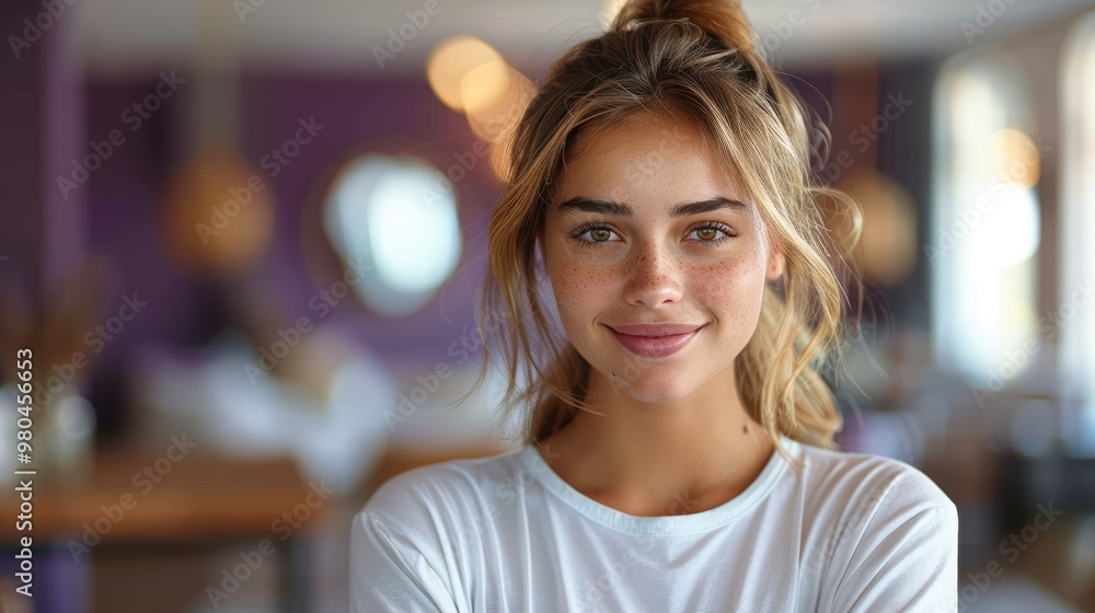 portrait of young Caucasian woman with teeth smile in plain white t-shirt in beauty salon portrait of young Caucasian woman with teeth smile in plain white t-shirt in beauty salon