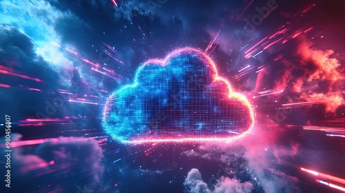 Wallpaper Mural Dynamic Digital Atmosphere: A Radiant Cloud Emblem Surrounded by Neon Lights and Luminous Data Grids - Perfect for Sport Interior Posters and Modern Decor Torontodigital.ca