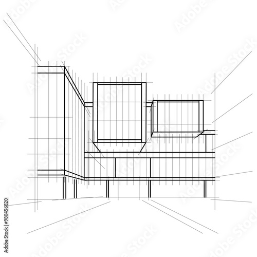 Architecture drawing outline perspective sketch concept design illustration Modern office Building