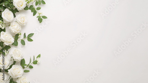 A serene, pure white page featuring a draped arrangement of one hundred white roses in the upper left corner. The flowers, accompanied by lush green foliage, create a natural and balanced frame,