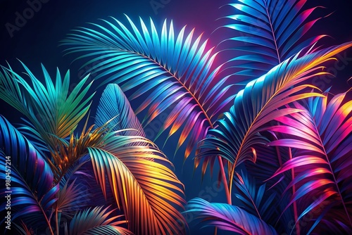 Vibrant holographic palm leaves swirl in bold gradient colors against a surreal, neon-lit, dark blue background, evoking a futuristic tropical paradise in this concept art piece.