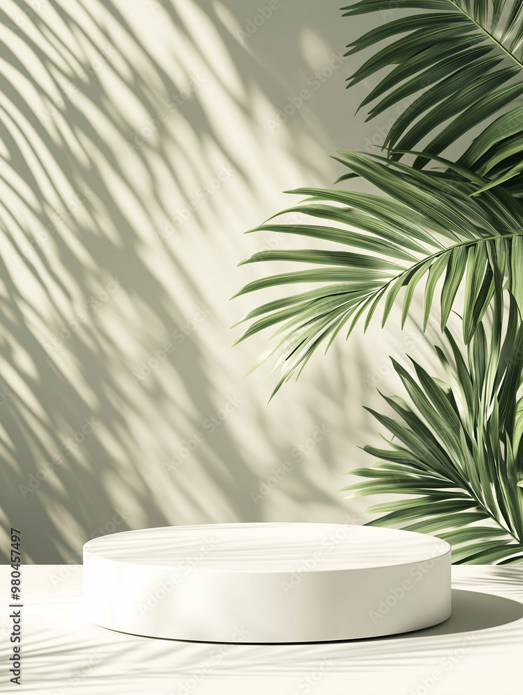 Obraz premium 3D rendering of white empty podium platform with palm leaf shadow, Empty scene for mock up