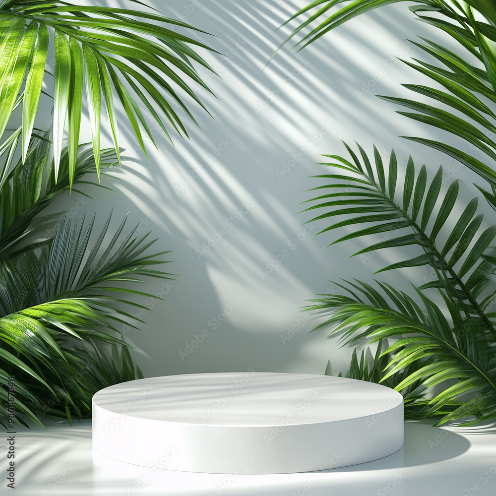 Obraz premium 3D rendering of white empty podium platform with palm leaf shadow, Empty scene for mock up