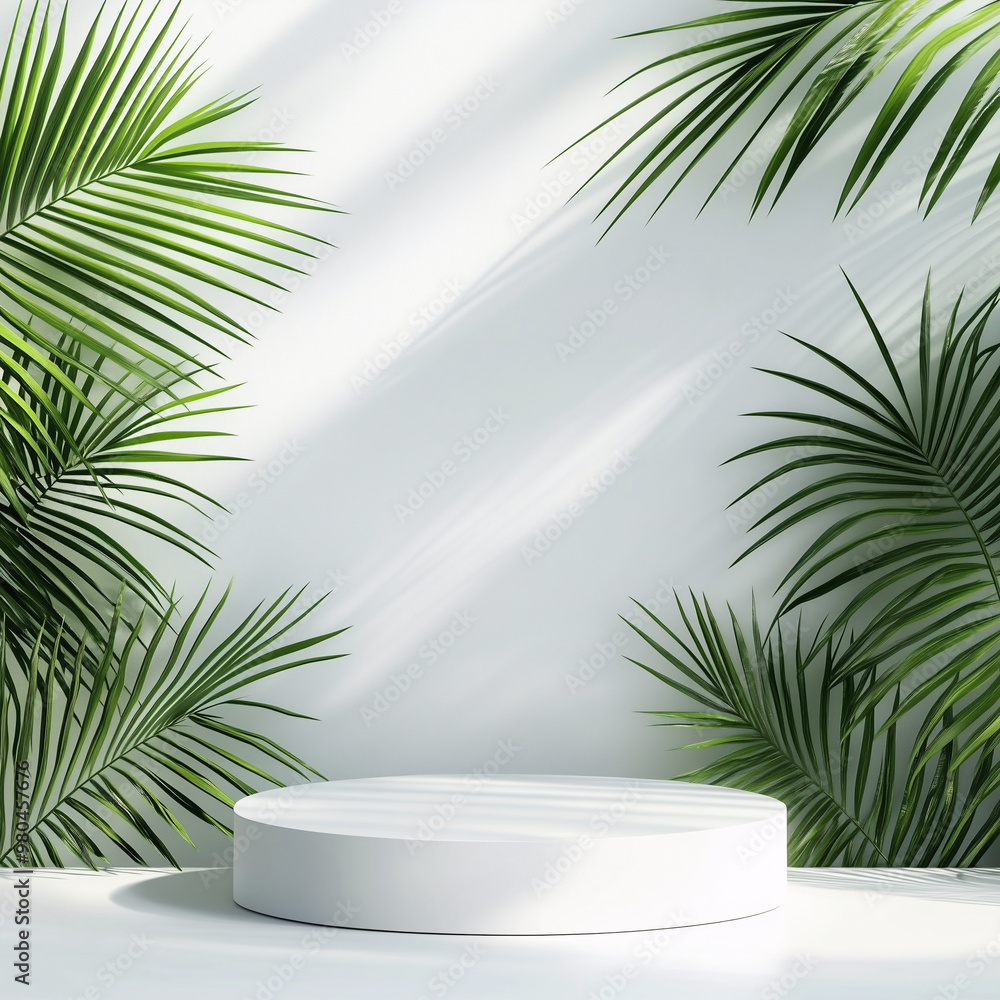 3D rendering of white empty podium platform with palm leaf shadow, Empty scene for mock up 3D rendering of white empty podium platform with palm leaf shadow, Empty scene for mock up