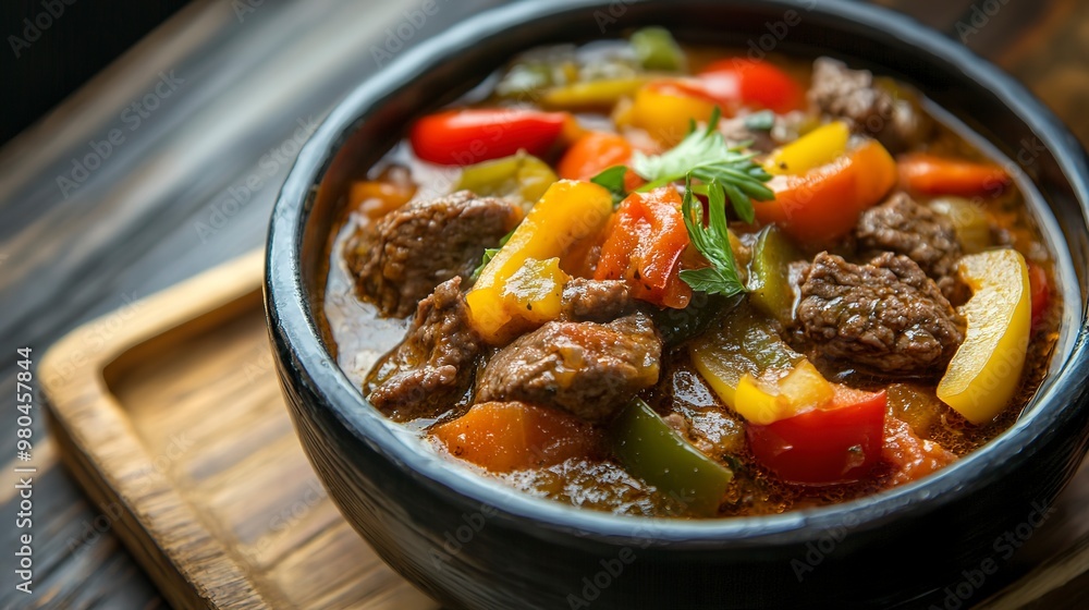 Closeup of a hearty stew with beef peppers and tomatoes in a black bowl shot from a high angle on a wooden surface Closeup of a hearty stew with beef peppers and tomatoes in a black bowl shot from a high angle on a wooden surface