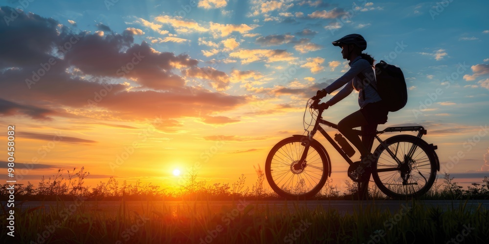 Fototapeta premium Cyclist enjoying a sunset ride along a scenic pathway with vibrant clouds and warm colors