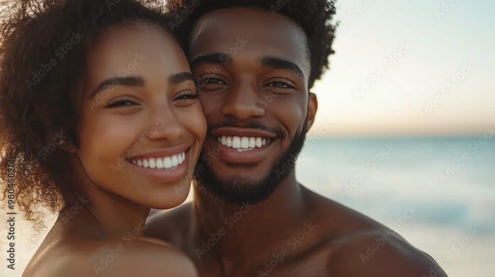 A joyful couple enjoying a beach sunset while embracing and smiling together in a serene coastal setting A joyful couple enjoying a beach sunset while embracing and smiling together in a serene coastal setting