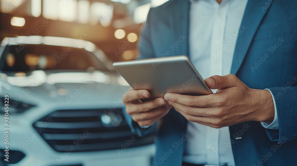 A businessman in a blue suit using a tablet in a car dealership, representing digital technology, automotive sales, car purchasing, and business management in a modern setting. A businessman in a blue suit using a tablet in a car dealership, representing digital technology, automotive sales, car purchasing, and business management in a modern setting.