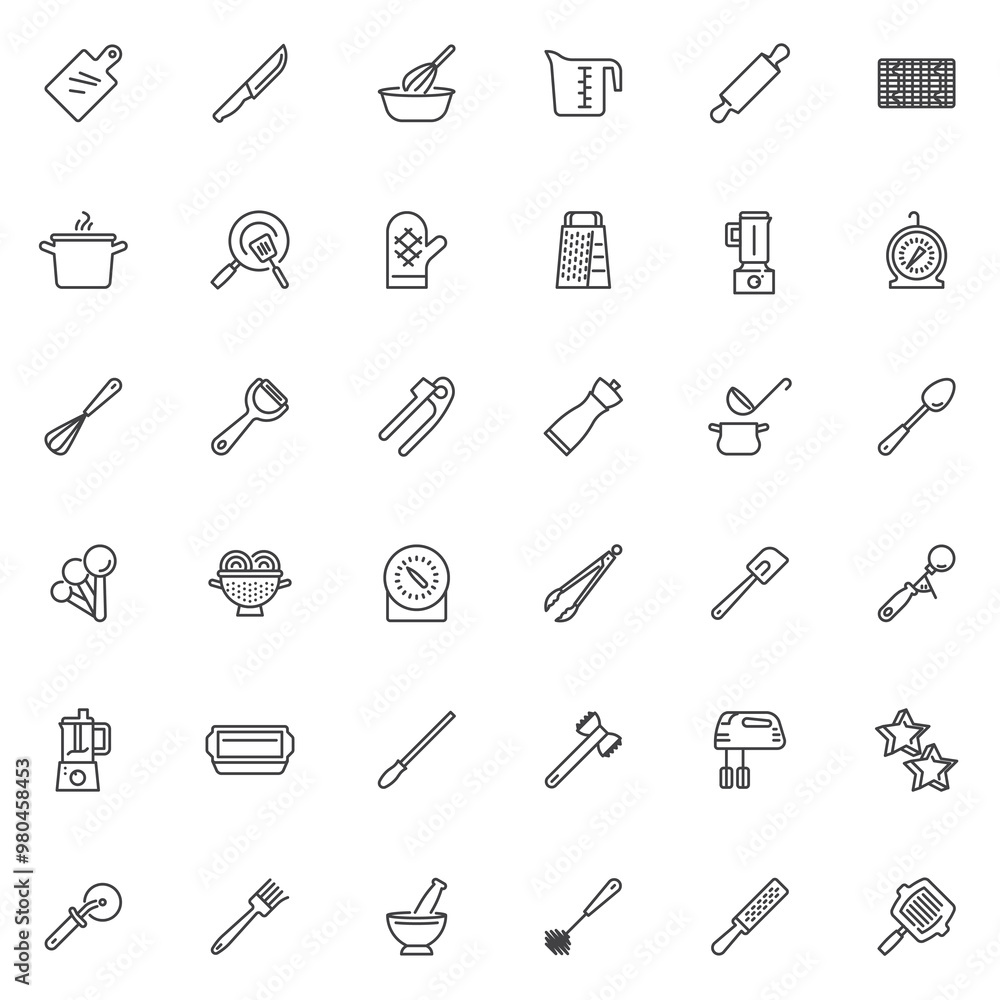 Kitchen utensils line icons set Kitchen utensils line icons set