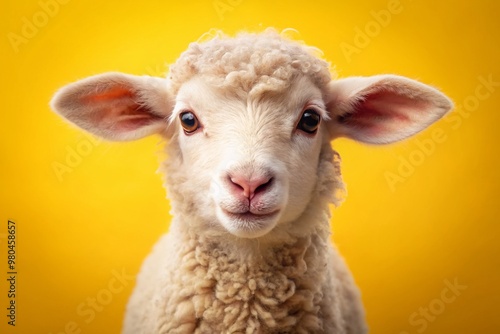 Adorable fluffy lamb with soft curly wool and big curious eyes stands on a bright yellow background, symbolizing innocence and purity in nature.