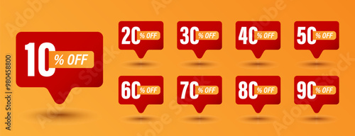 Set of discount label vector Illustration. 10, 20, 30, 40, 50, 60, 70, 80, 90 percent. Promotion red design for an advertising campaign